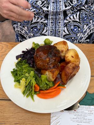 An English  roasd dinner: Nutroast with all the trimmings at Fighting Cocks in Dartford