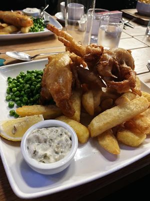 Back again for the banana blossom “fish n chips” really good  at Fighting Cocks in Dartford