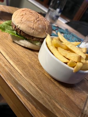 Vegan burger and fries  at Fighting Cocks in Dartford
