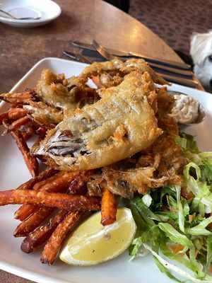 Vegan banana blossom fish n sweet potato chips  at Fighting Cocks in Dartford