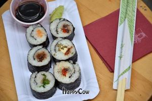 Vegan sushi with soy sauce and wasabi at La Camelia in Bilbao