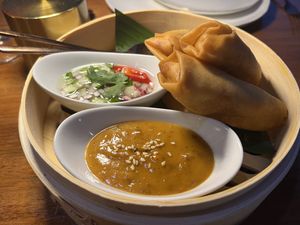 Spring rolls with peanut sauce and ajad sauce. So so soooo good!!!  at Iyara By Sakare Thai Cuisine in Cairns