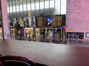 The restaurant is on the first floor of the train station, with this vieww  at Eataly - Termini in Rome