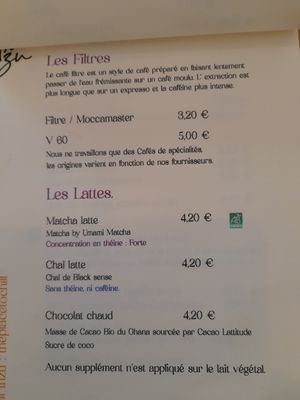 La carte des boissons chaudes at Inzu in Marseille