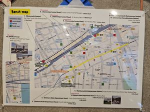 Bench/sitting guide at Veggie Junkies Burger in Kobe