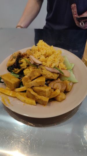 Our plate with several mock meats #Veganuary at Thiện Đức in Hanoi