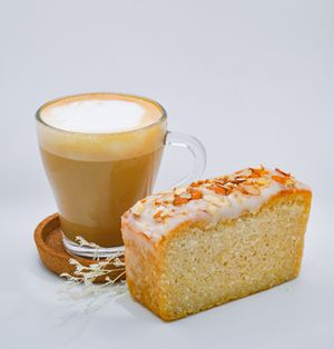 Combo coffee of choice + vegan and gluten free coconut & lemon cake at Ninna Homemade Bakery in Dubai