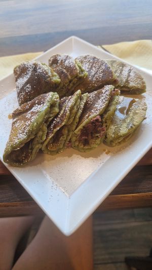 Mactha waffle with red beans at Happy Veggie - 天街素食 in Budapest