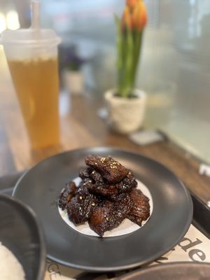 Tea flavored soy meat  at Happy Veggie - 天街素食 in Budapest