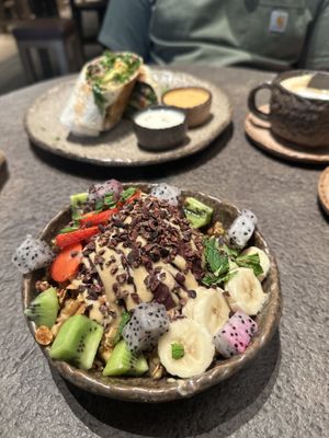 Açai bowl and breaky burrito   at Honest Greens - Las Ramblas in Barcelona