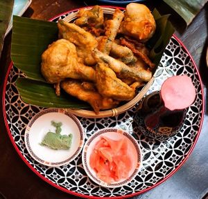 Crispy mix veg tempura with Wasabi, Pickled Ginger and Soy at Nasi Lemak - Scarlet Door in Stockport