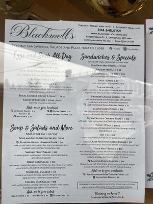 Vegan dishes marked with a "v" in the menu  at Blackwell's Catering in Lewisburg