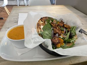 Blackened vegan Chik’n and tomato basil soup  at The Cutting Edge Cafe in Chesapeake