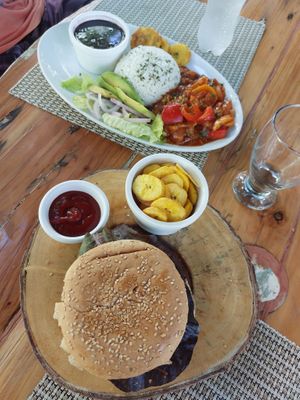 Vegan burger and the Dominican flag at Riviera Punta Cana in Punta Cana