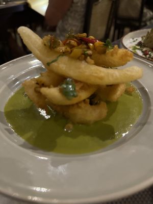 Kurumba calamari. Tempura King Coconut with lime and chilli vinaigrette, and smoked salsa   at Smoke & Bitters in Dikwella