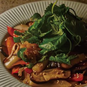 Tteokbokki w/ Banga (Korean Mint) Leaves and Soy Sauce at Ggulggeok House - 꿀꺽하우스 in Busan