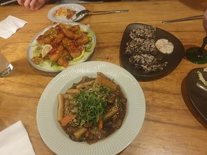 Two dishes on left veg/ vegan. at Ggulggeok House - 꿀꺽하우스 in Busan