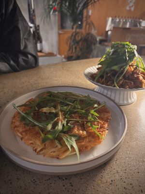 Vegan corn, sweet potato, potato jeon + fried oyster mushroom   at Ggulggeok House - 꿀꺽하우스 in Busan