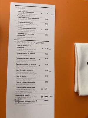 Marked menu  at Frida in Tarragona