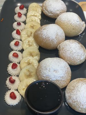 Pancakes with chocolate filling and date syrup    at The Sprout in Auroville