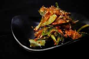 ยำมะม่วงน้ำปลาหวาน  yam ma muang nam pla warn  
mango and dried fish salad with sweet fish sauce dressing
 at Nahm  in Bangkok
