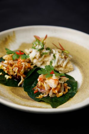 ปูซ่อนกลิ่น   pu sorn klin
blue swimmer crab, coriander, pickled garlic, and peanuts on rice cracker
เมี่ยงนพเก้า   miang nopakao
m at Nahm  in Bangkok