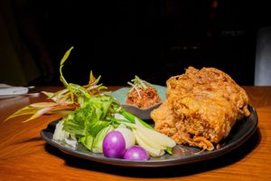 น้ำพริกกุ้งเสียบ nam prik gung siap
relish of baby mango and smoked dried shrimp with fresh vegetable and fried egg
 at Nahm  in Bangkok
