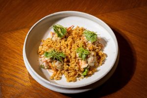 แสร้งว่าปลาดุกฟู  saeng-wa pla duk fuu
wild prawn, crispy floss fish with tamarind, ginger, and somsa
 at Nahm  in Bangkok