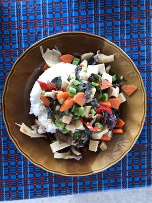 Stir-fried Thai basil. Fresh  and tasty, but if you don’t eat spicy food, ask them to skip the bird chilies!   at Vegetarian for Healthy in Chiang Dao