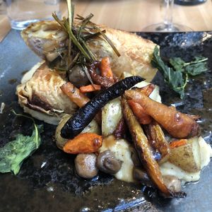 Cigare au taro et yuba, purée de céleri rave, carottes rôties au sirop d'érable at Invitation V in Montreal