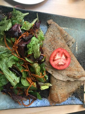 Savory Crepe with a yummy cashew cheese, mushrooms, and peppers, served with a large side salad. Fantastic!! at Invitation V in Montreal