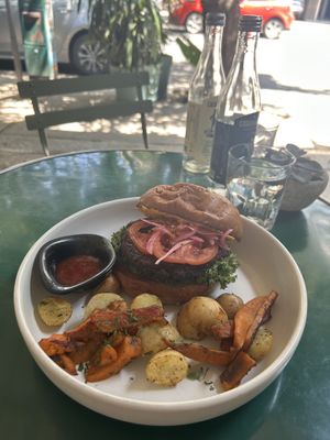 Beetroot burger with potatoes (inc. sweet potatoes).  at Cafe Communidad in Mexico City