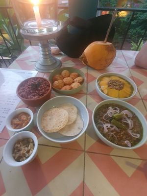 Pumpkin Curry, Mung Bean Curry, Rice, Papads, Mini Dosai and homemade pickles. at Dots Bay House in Dikwella