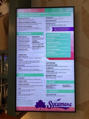 Full menu  at Sycamore Brewing in Charlotte