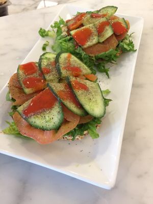 Open face bagel sandwich  at Romancing The Bean in Burbank