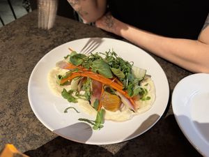 Vegan carpaccio - from the seasonal menu. The white sauce is very sweett  at Vintage Tavern in Port Huron