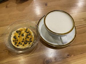 Vegan Passion Fruit cheesecake and Vegan Chai Latte   at Three Pines Coffee Company  in South Lake Tahoe