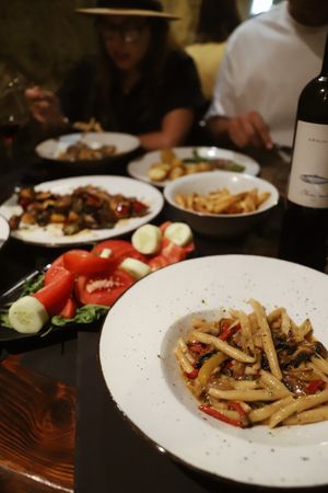 Žrnovski makaruni with vegetables, salad, wok veggie, fries and homemade potatoes with local spices at Konoba Mareta in Korcula