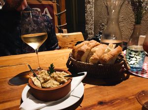 Chickpea Humus, Bread, and Grk 🌱 at Konoba Mareta in Korcula