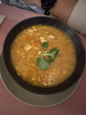 Starter: Corn & vegetable soup with tofu  at Kaizen Vegetariano in Torrevieja