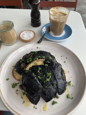 Mushroom toast and soylatte at Wharf Road in Coromandel