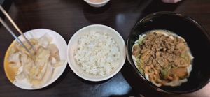 Left to right: Taiwanese kimchi, rice, sesame oolong noodles at Xiangxiang Vegetarian in Chiayi