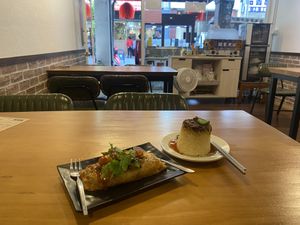 Rice cake and vegetarian sausage roll  at Xiangxiang Vegetarian in Chiayi