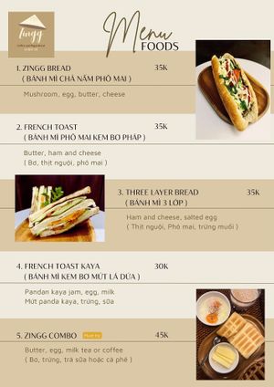 Menu foods  at Zingg - Maybe closed in Hanoi