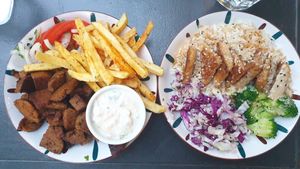 Gyros plate and tempeh with Persian rice at Veganistan in Athens