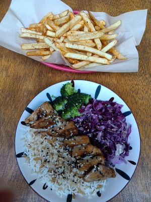 Fries & tempeh bowl. at Veganistan in Athens