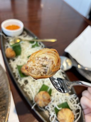 Close-up appetizer-Thai pork wrapped crispy noodles fired  #Veganuary at Vegan Mahanakhon in Bangkok