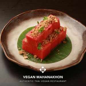 Watermelon with Vegan Sweet Dried-Fish at Vegan Mahanakhon in Bangkok