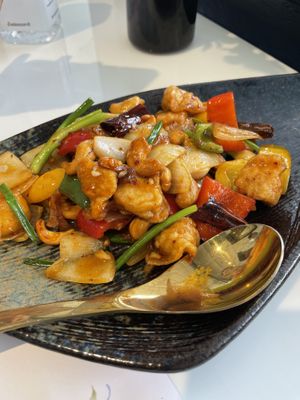 Stir-fried vegan ‘chicken’ with cashews nuts and veggies - I recommend this one, so good!!  at Vegan Mahanakhon in Bangkok
