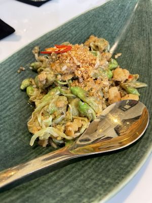 Spicy stir-fried katuri flower with vegan shrimp taste  at Vegan Mahanakhon in Bangkok